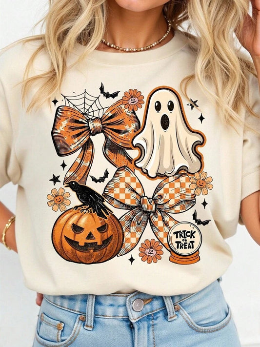 EMERY ROSE Halloween Pumpkin Ghost Print Plus Size T-Shirt